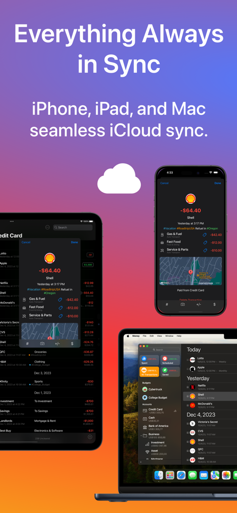 Interfaz de la aplicación Money: Gestor de Presupuesto Personal que muestra la sincronización fluida de iCloud en iPhone, iPad y Mac.