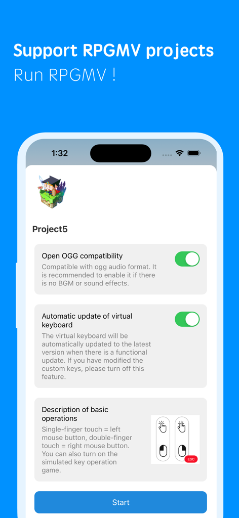 RPGViewer - Screenshot of RPGViewer app showing RPG Maker MV project settings for OGG compatibility and virtual keyboard options