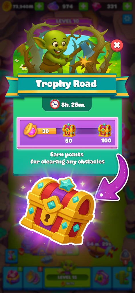 Goblin Miner: Idle Merger - 트로피 로드 진행 상황 표시줄과 황금 보물 상자가 있는 Goblin Miner의 트로피 로드 이벤트 화면.