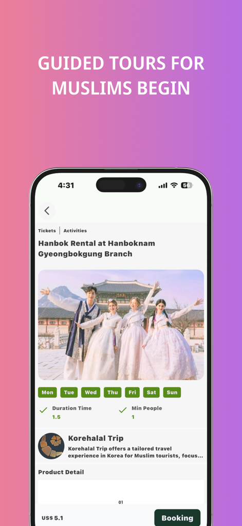 Korehalal Trip : Muslim Travel - Mobile app screen showing Hanbok rental booking details at Gyeongbokgung for Muslim travelers