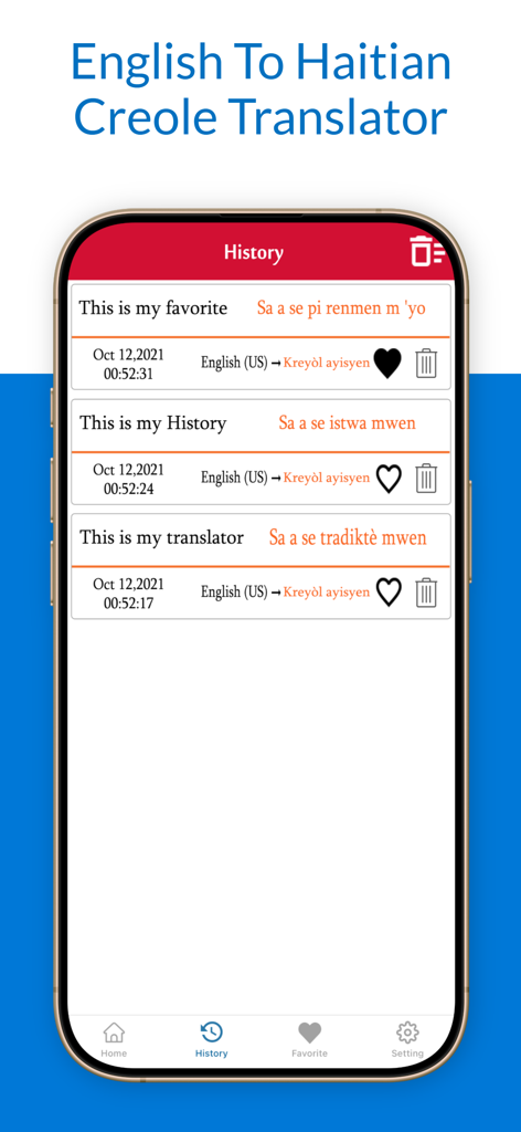 Pantalla de historial de la aplicación Traductor de Inglés a Criollo Haitiano que muestra una lista de frases traducidas recientemente y sus significados.