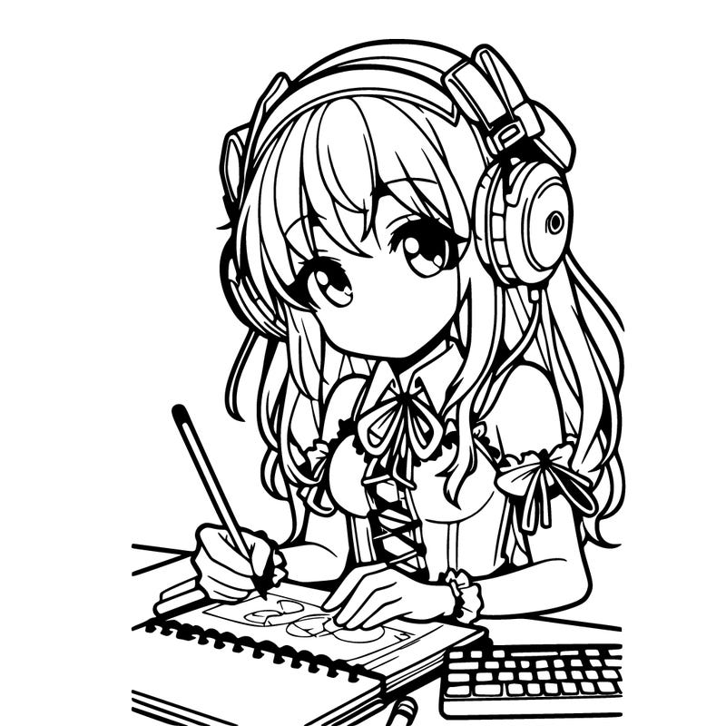 manga girl wearing headphones and drawing in sketchbook