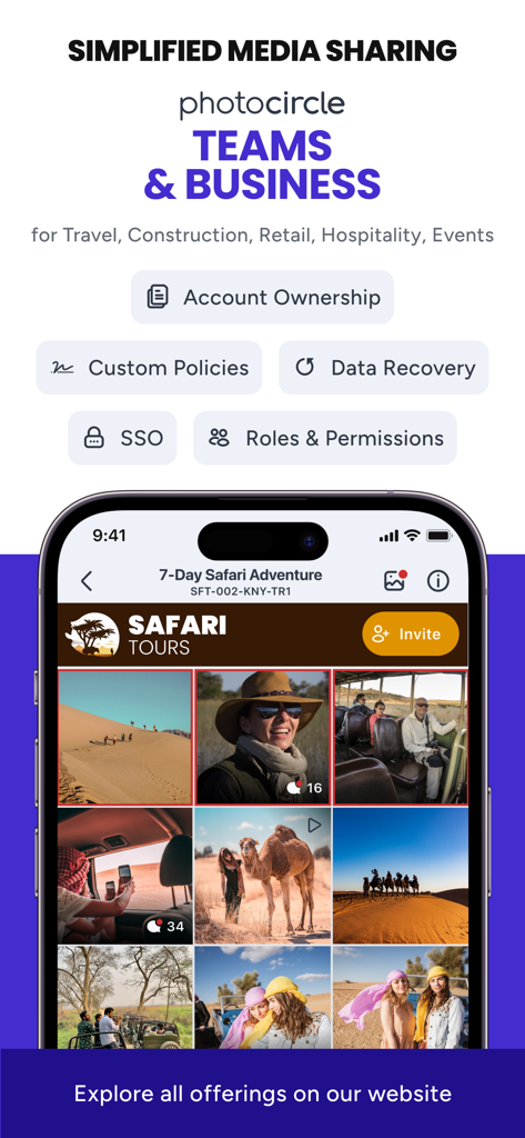PhotoCircle - PhotoCircle App-Oberfläche, die Teams und Business-Funktionen für den professionellen Medienaustausch und die Zusammenarbeit hervorhebt