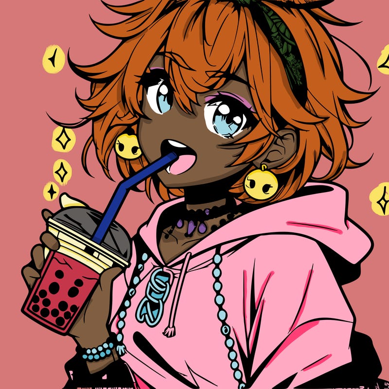 hot baddie anime girl drinking boba and biting the straw