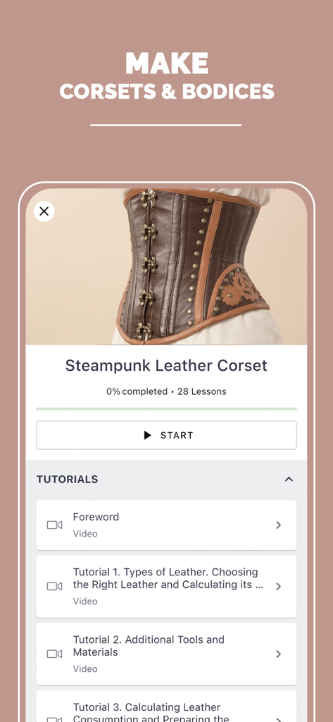 Dressmaking Academy - Mobile app screen showing steampunk leather corset sewing tutorials and lessons