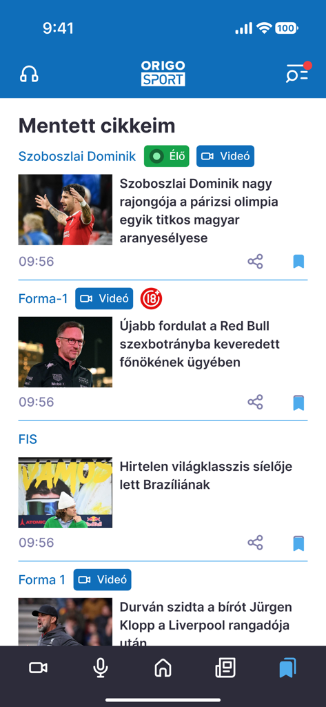 Origo Sport - Écran de l'application mobile Origo Sport affichant une liste d'articles et de nouvelles sportives sauvegardés.