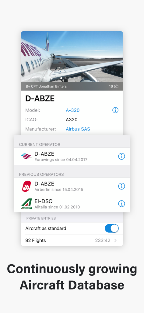OffBlock - Interfaz de la aplicación móvil que muestra las especificaciones de la aeronave y el historial del operador en la base de datos de OffBlock