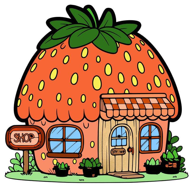 a small house-shaped shop made of a giant strawberry with a cute sign