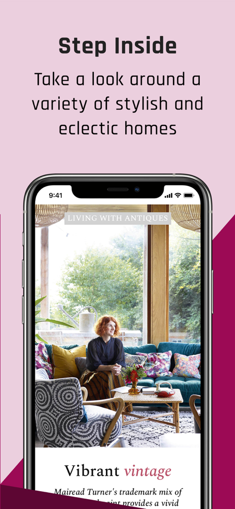Homes & Antiques Magazine - Preview of a vibrant vintage interior design article in the Homes and Antiques Magazine app