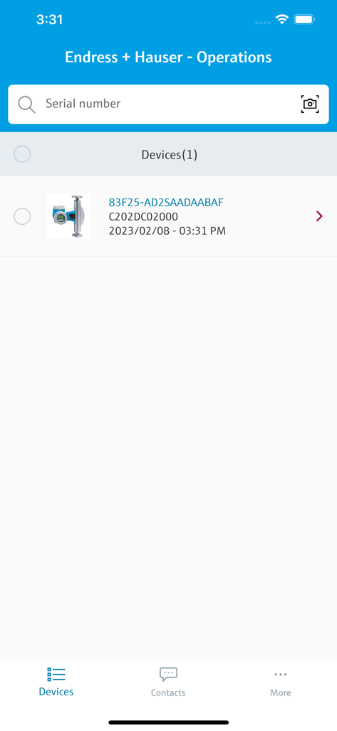 Oberfläche der Endress+Hauser Operations App zum Suchen von Industrieanlagen nach Seriennummer