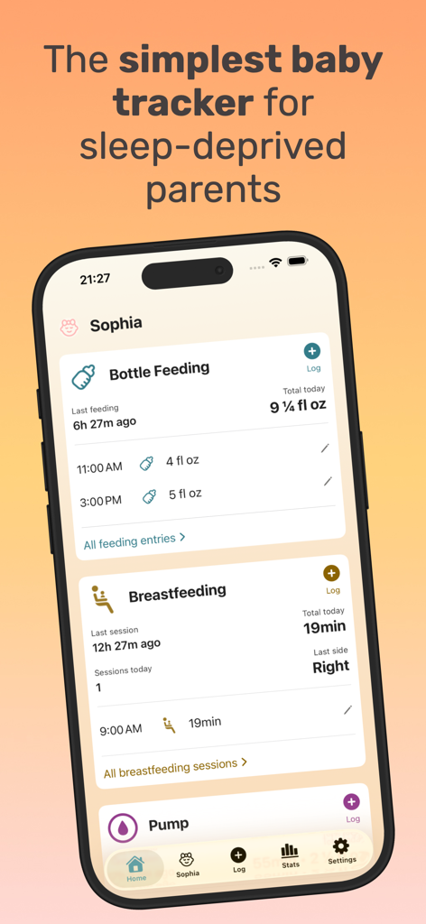 Baby Feeding Tracker NooraBaby - Noora Babyアプリのインターフェース。赤ちゃんの授乳と搾乳アクティビティログを表示しています。