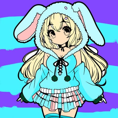 pretty anime girl wearing a fluffy hoodie with bunny ears on the hood and a skirt