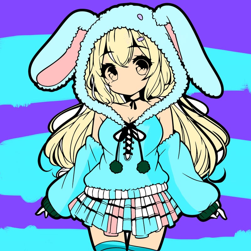 pretty anime girl wearing a fluffy hoodie with bunny ears on the hood and a skirt