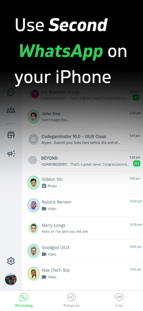 Interfaz de la aplicación Messenger para WhatsApp Duo que muestra una lista de chats y pestañas de navegación para WhatsApp, Telegram y Line en iPhone
