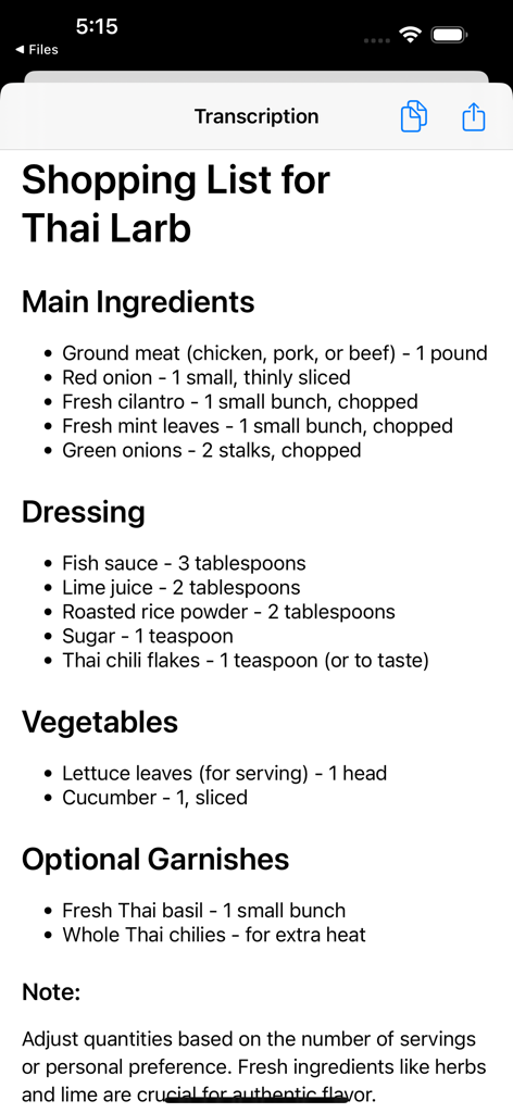 Knowte Transcribe - Knowte Transcribe app showing a formatted shopping list for Thai Larb