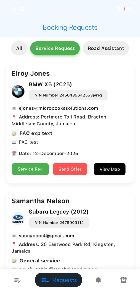 Mechanic Connect – Garage - Interface de l'application Mechanic Connect Garage affichant les demandes de réservation client pour l'entretien et la réparation de véhicules