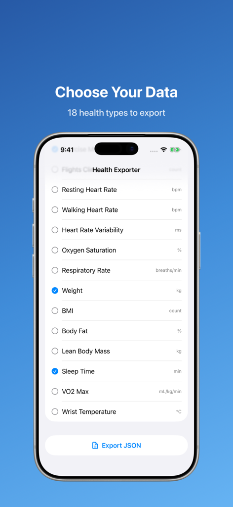 An iPhone screen showing a list of health data metrics like heart rate and weight with an Export JSON button.