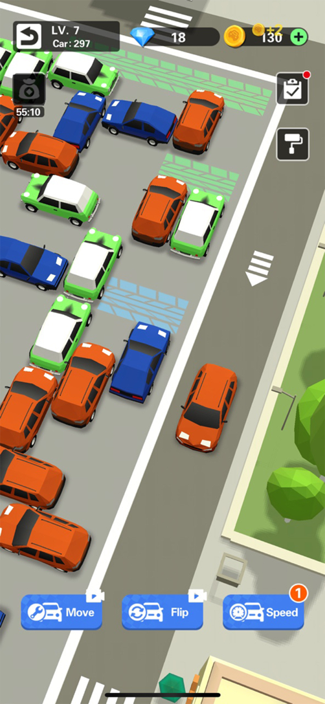 Crazy Parking Car Master - Vista desde arriba del Nivel 7 en Crazy Parking Car Master mostrando coches de colores en un atasco de tráfico en un puzle de aparcamiento abarrotado.