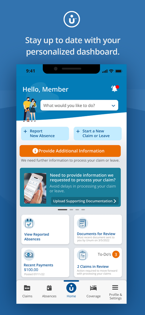 MyUnum for Members - Home screen of the MyUnum for Members app featuring a personalized dashboard for managing claims and absences