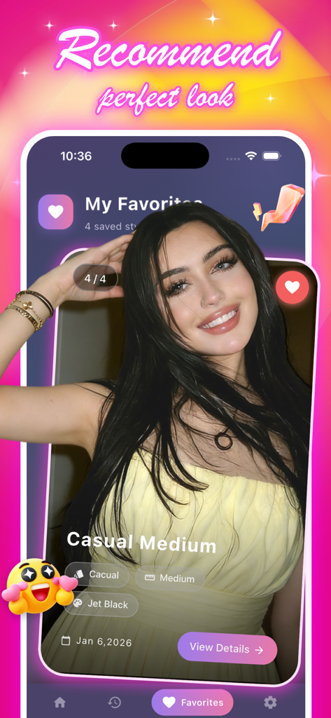 Silk - Your AI Hair Stylist - Silk AI Hair Stylist app interface showing a saved favorite hairstyle recommendation for a casual medium jet black look