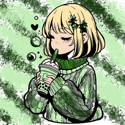 manga girl drinking boba in cozy sweater