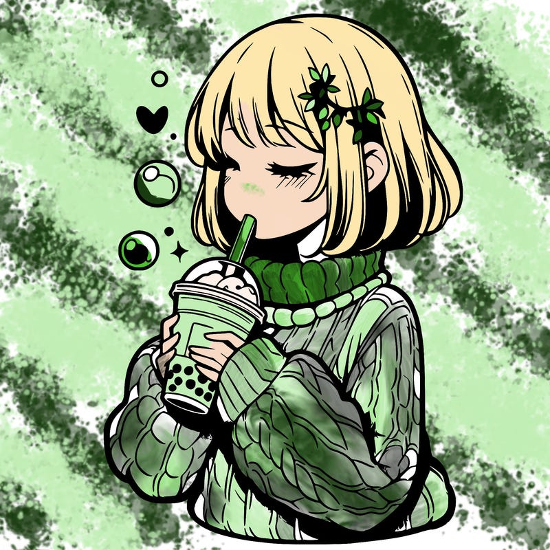 manga girl drinking boba in cozy sweater