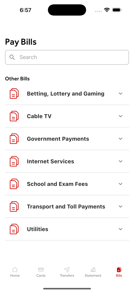 EazybyZenith - The Pay Bills screen of the EazybyZenith app showing categories like Cable TV Internet Services and School Fees.
