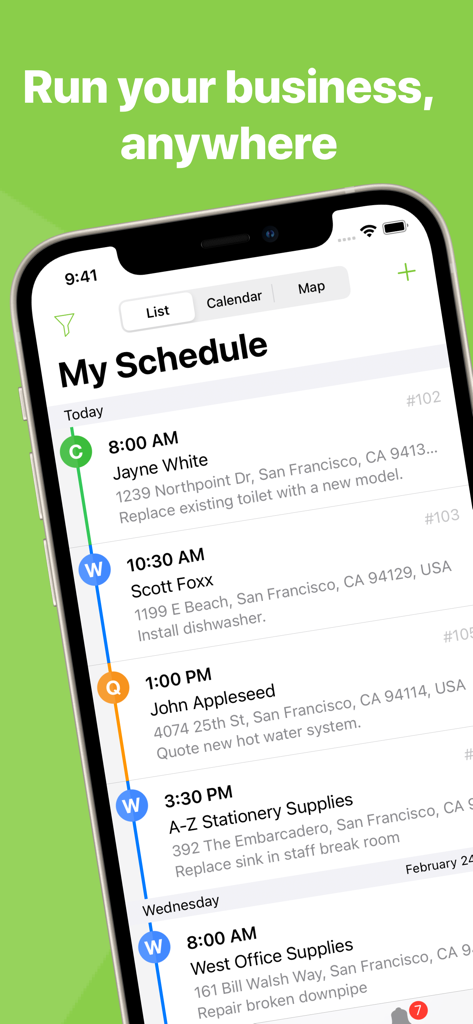 ServiceM8 app dashboard showing a daily schedule of trade service jobs on an iPhone