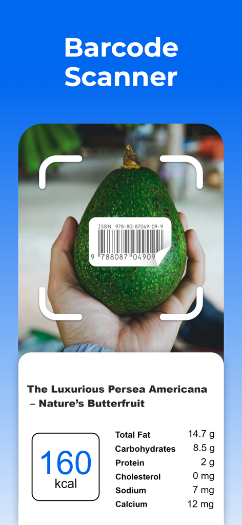 Scanner di codici a barre nell'app Calorie Tracker che mostra i valori nutrizionali per un avocado