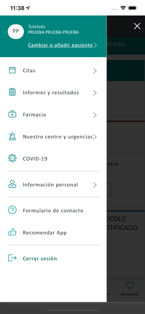 Fundación Jimenez Díaz - Side navigation menu of the Fundacion Jimenez Diaz patient portal app showing medical service options like appointments and reports.