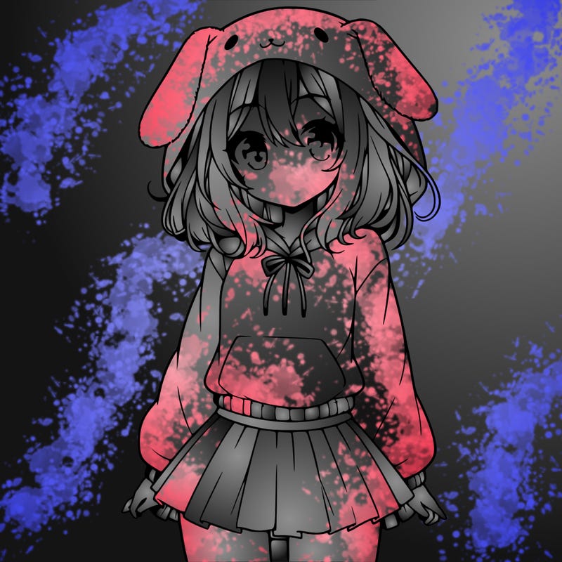 pretty anime girl wearing a fluffy hoodie with bunny ears on the hood and a skirt