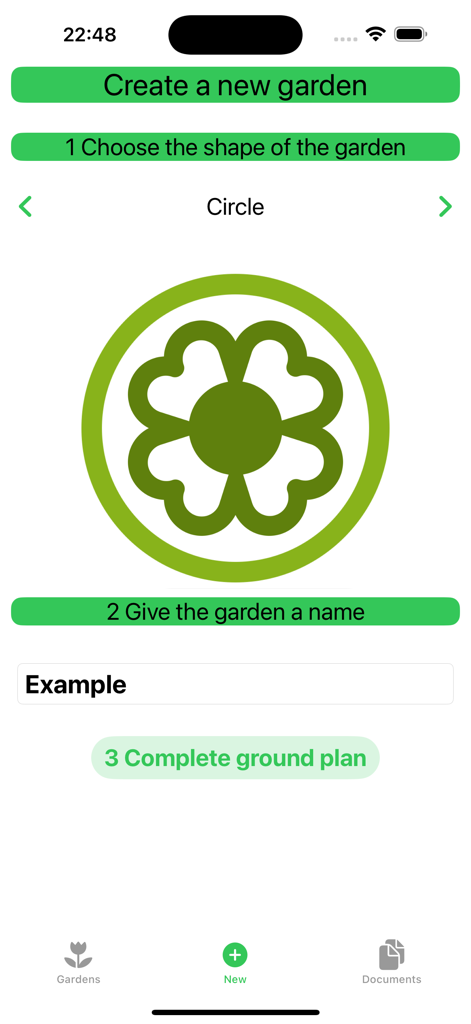 Interface of the Garden Feng-Shui app showing the steps to create a new garden layout and choose its shape.