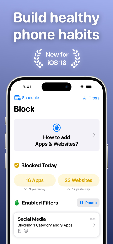 Ochi: Block Websites & Apps - The Ochi app interface on an iPhone showing blocked apps and websites statistics to build healthy phone habits.