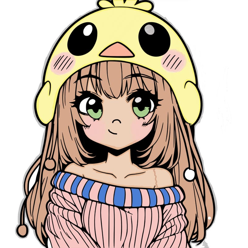 anime girl with chick shaped hat with sweater with bare shoulders with bangs covering them one eye with low tail