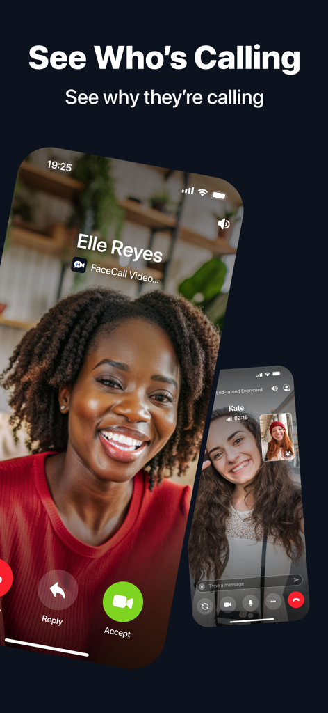FaceCall - Answer Better - Oberfläche der FaceCall-App, die eine Vollbild-Video-Anrufer-ID und eine Zwei-Wege-Videoanrufsitzung anzeigt.