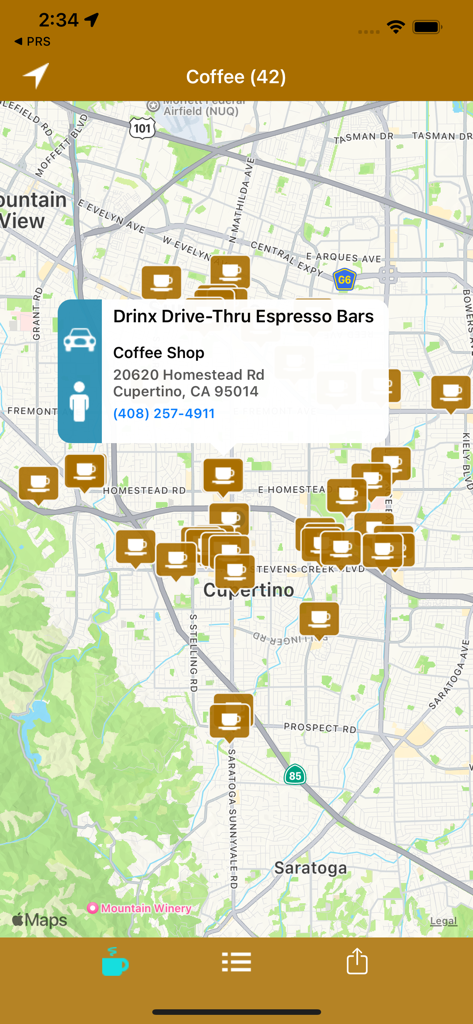 Coffee Land - Interfaz del mapa de la aplicación Coffee Land mostrando ubicaciones de cafeterías en Cupertino California con una ventana emergente de detalles de la tienda
