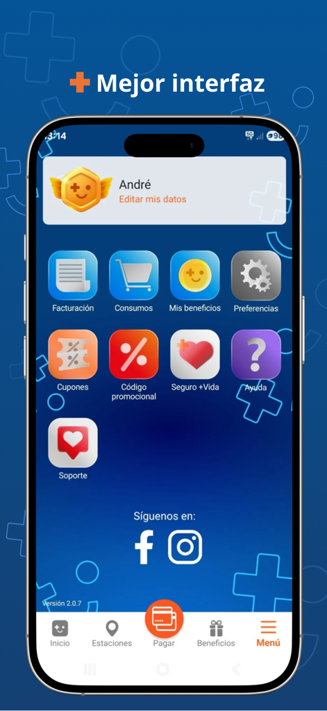 App SUMA - Main menu screen of App SUMA showing icons for invoicing consumption rewards and coupons on a smartphone