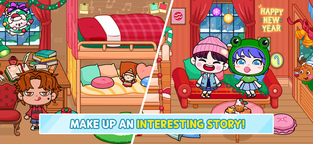 Avatar Life: My World - Personnages chibi mignons dans des scènes de chambre et de salon décorées avec une légende pour inventer une histoire intéressante