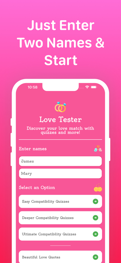 Love Tester: Find Real Love - Love Tester app home screen showing name entry fields and compatibility quiz options on a pink background