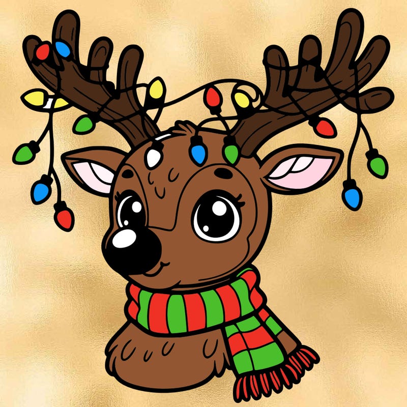 reindeer with christmas lights on it head with bright red nose