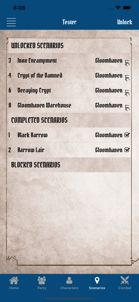 Gloomhaven Campaign Tracker - Gloomhaven Campaign Tracker screen showing scenario progression
