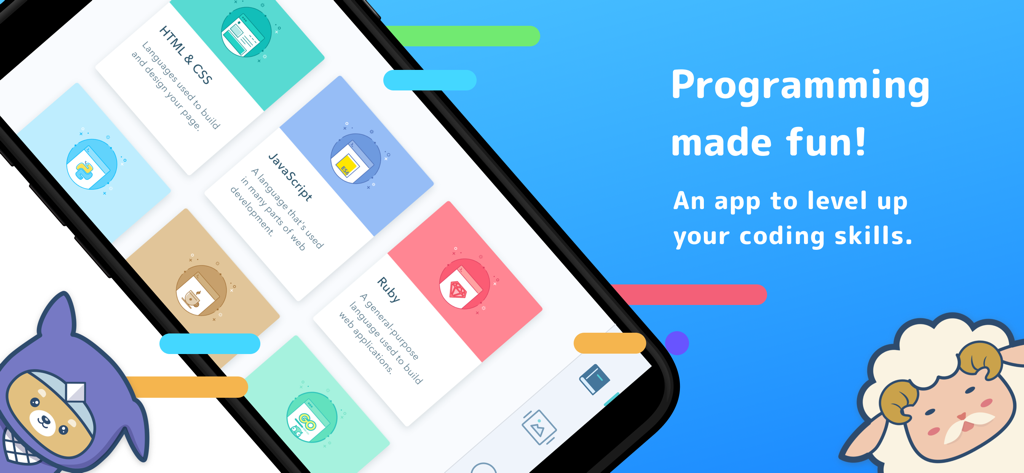 Progate - Progate app interface displaying coding lessons for HTML CSS and JavaScript with friendly ninja and sheep characters
