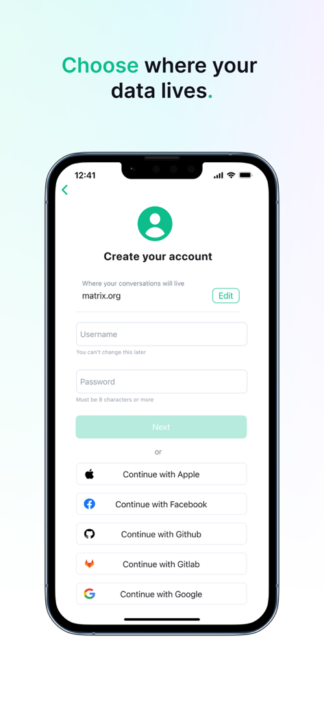 Element Classic - Pantalla de registro de Element Classic que muestra las opciones para elegir un servidor doméstico y registrarse con cuentas de terceros como GitHub o Google.