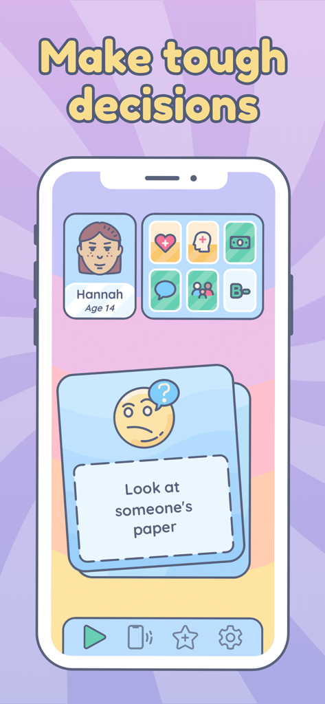 Mobile gameplay of Everlife Life Simulator showing a choice card and character stats