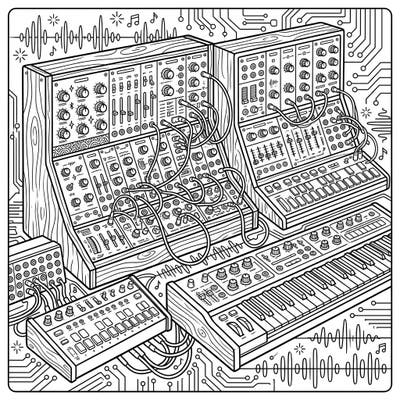 Immerse yourself in the intricate world of music production with this detailed analog synthesizer coloring page. Perfect for teens who love electronic music and complex designs.