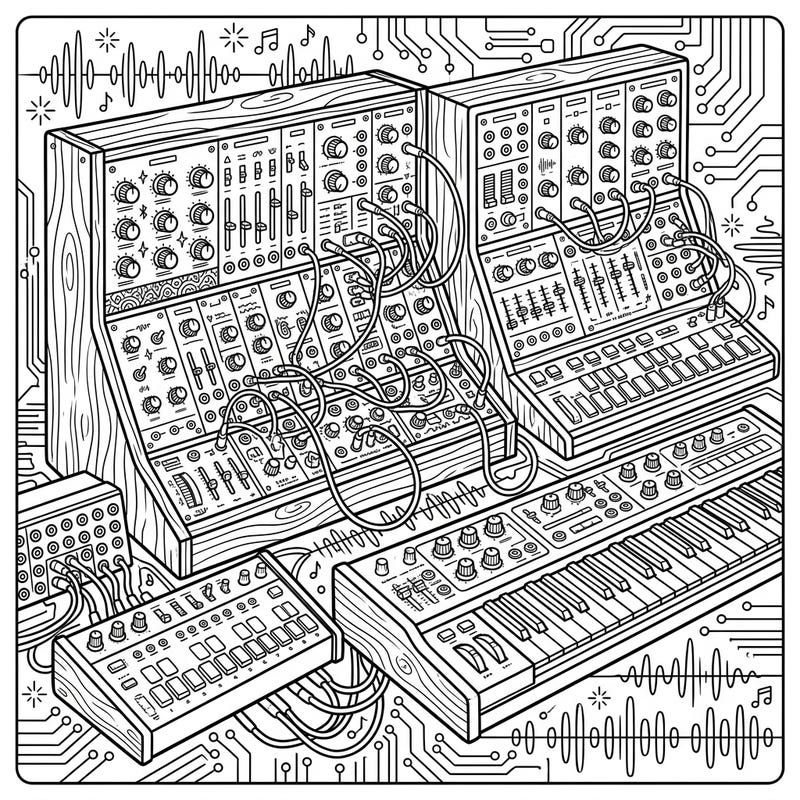 Immerse yourself in the intricate world of music production with this detailed analog synthesizer coloring page. Perfect for teens who love electronic music and complex designs.