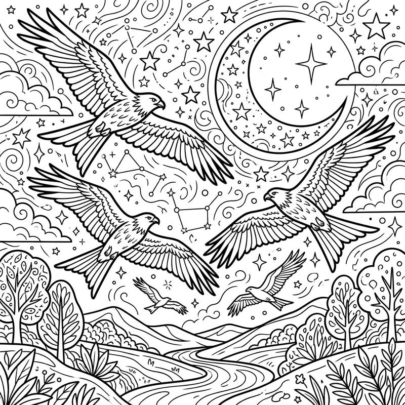 Embark on an enchanting nocturnal adventure with this captivating coloring page featuring graceful kites. Watch as these magnificent birds glide effortlessly under a celestial canopy of stars and a luminous crescent moon.