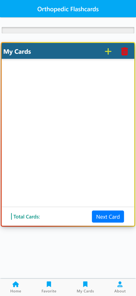 Orthopedic Flash Cards & Notes - Interfaz para crear y administrar tarjetas de estudio personalizadas dentro de la aplicación Tarjetas de memoria de ortopedia.