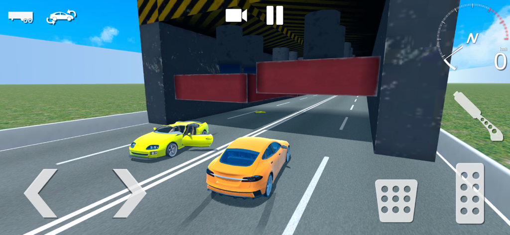 Due auto sportive su una strada che si avvicinano a grandi blocchi rossi schiacciatori in un gioco di simulazione di incidenti automobilistici