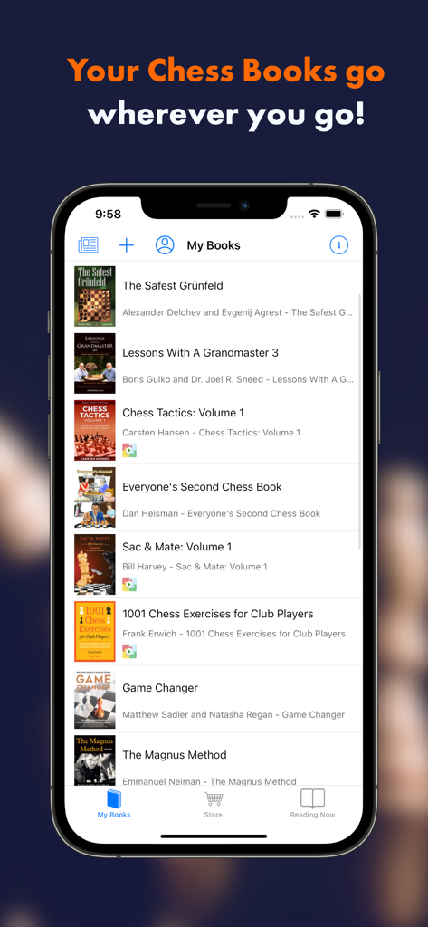 Learn with Forward Chess - A smartphone screen displaying the My Books section of the Forward Chess app with a list of interactive chess ebooks